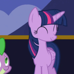 Size: 399x399 | Tagged: safe, screencap, spike, twilight sparkle, twilight sparkle (alicorn), alicorn, dragon, pony, to where and back again, animated, blinking, cute, eyes closed, folded wings, gif, grin, happy, raised hoof, smiling, solo focus, talking, twiabetes, underhoof