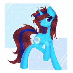 Size: 3000x3000 | Tagged: safe, artist:togeticisa, oc, oc only, oc:blue bolt, pony, unicorn, female, mare, one eye closed, raised hoof, solo, wink