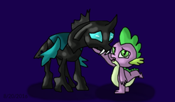 Size: 802x467 | Tagged: safe, artist:mojo1985, derpibooru import, spike, thorax, changeling, dragon, the times they are a changeling