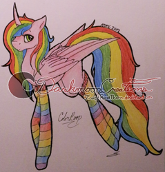 Size: 1024x1069 | Tagged: safe, artist:anxiouslilnerd, oc, oc only, oc:princess color boop, pony, clothes, rainbow socks, socks, solo, striped socks, traditional art, watermark, ych example