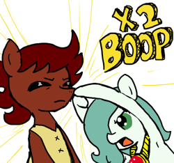 Size: 640x600 | Tagged: safe, artist:ficficponyfic, color edit, derpibooru import, edit, oc, oc only, oc:emerald jewel, oc:ruby rouge, amulet, boop, child, clothes, color, colored, colt, colt quest, double boop, dramatic, eyes closed, female, filly, foal, hair over one eye, male, story included, text