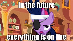 Size: 1280x720 | Tagged: safe, edit, edited screencap, screencap, twilight sparkle, pony, unicorn, it's about time, eyepatch, female, future twilight, image macro, in the future, mare, meme, solo, tomska, unamused