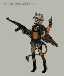 Size: 900x1054 | Tagged: safe, artist:lya, derpibooru import, anthro, griffon, plantigrade anthro, ak, ak-47, assault rifle, bra, clothes, female, fuck you, gun, jewelry, medal, necklace, post-apocalyptic, rifle, solo, underwear, weapon, wings