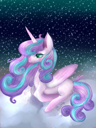 Size: 1024x1371 | Tagged: safe, artist:cityofdreams, derpibooru import, princess flurry heart, prone, snow, snowfall, solo