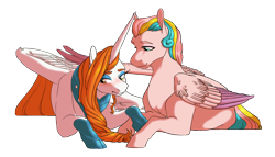 Size: 1774x1018 | Tagged: safe, artist:seleniium, oc, oc only, alicorn, pegasus, pony, alicorn oc, blushing, commission, eyeshadow, female, makeup, male, mare, multicolored hair, oc x oc, prone, shipping, simple background, smiling, stallion, straight, transparent background