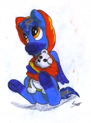 Size: 1422x1922 | Tagged: safe, artist:saxpony, derpibooru import, oc, oc only, oc:skaj, pegasus, pony, clothes, hoodie, plushie, solo, teddy bear, traditional art