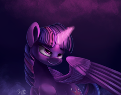 Size: 1463x1148 | Tagged: safe, artist:insanerobocat, twilight sparkle, twilight sparkle (alicorn), alicorn, pony, female, glowing horn, grin, magic, mare, smiling, solo, this will end in death