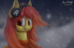 Size: 2000x1312 | Tagged: safe, artist:jesseorange, oc, oc only, oc:flamespitter, clothes, cute, headphones, scarf, smiling, snow, snowfall, solo, winter