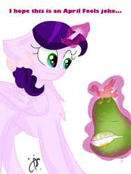 Size: 640x851 | Tagged: safe, artist:thepegasisterpony, oc, oc only, oc:purple palette, alicorn, pony, april fools, biting pear of salamanca, deviantart, female, food, glowing horn, magic, mare, pear, simple background, telekinesis, transparent background