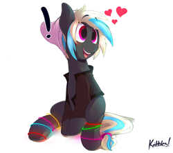 Size: 2371x2103 | Tagged: safe, artist:kribbles, derpibooru import, oc, oc only, oc:night life, pony, beanie, blushing, clothes, excited, glow rings, happy, hat, heart, jacket, sitting, smiling, solo