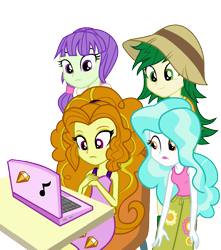 Size: 1327x1504 | Tagged: safe, artist:berrypunchrules, adagio dazzle, paisley, starlight, sweet leaf, equestria girls, clothes, computer, dress, laptop computer, simple background, tanktop, transparent background