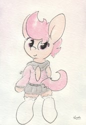 Size: 679x990 | Tagged: safe, artist:slightlyshade, derpibooru import, scootaloo, clothes, cute, cutealoo, pleated skirt, shirt, skirt, skirtaloo, socks, solo, traditional art