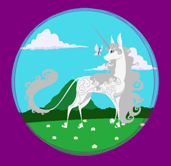 Size: 780x758 | Tagged: safe, artist:bambisparanoia, princess silver swirl, butterfly, classical unicorn, pony, unicorn, g2, cloven hooves, leonine tail, solo, unshorn fetlocks