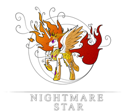 Size: 958x834 | Tagged: safe, artist:zidanemina, derpibooru import, nightmare star, mane of fire, raised hoof, simple background, solo, spread wings, transparent background