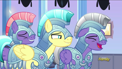 Size: 1280x720 | Tagged: safe, derpibooru import, screencap, crystal pony, pegasus, pony, the times they are a changeling, armor, crystal guard, crystal guard armor, laughing, lip bite, male, stallion