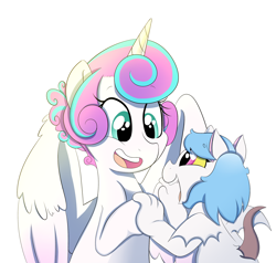 Size: 3000x2861 | Tagged: safe, artist:marukouhai, derpibooru import, princess flurry heart, oc, oc:eris, hybrid, interspecies offspring, offspring, older, parent:discord, parent:princess celestia, parents:dislestia