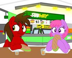 Size: 708x569 | Tagged: safe, alternate version, artist:toyminator900, oc, oc only, oc:chip, oc:melody notes, pony, duo, food, juice, remake, sandwich, subway