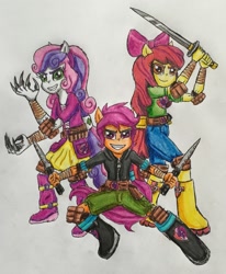 Size: 1991x2413 | Tagged: safe, artist:bozzerkazooers, derpibooru import, apple bloom, scootaloo, sweetie belle, equestria girls, balisong, boots, claws, cutie mark crusaders, ninja, ponied up, shoes, sword, traditional art, weapon