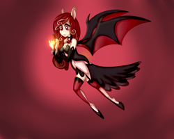 Size: 1024x819 | Tagged: safe, artist:kaikururu, oc, oc only, oc:cherri crimzon, anthro, bat pony, unguligrade anthro, anthro oc, breasts, cleavage, clothes, female, flying, gradient background, simple background, solo, spread wings, stars