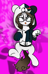 Size: 2100x3252 | Tagged: safe, artist:kutt172, artist:nxzc88, oc, oc only, oc:pyrisa miracles, pony, unicorn, :p, abstract background, clothes, cosplay, costume, cute, danganronpa, female, glasses, gloves, high res, hoodie, mare, mlem, monokuma, on back, paws, solo, tongue out, vector