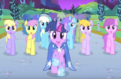 Size: 908x592 | Tagged: safe, derpibooru import, screencap, diamond mint, drizzle, orange blossom, parasol, prim posy, twilight sparkle, pony, the best night ever, background pony, clothes, dress, gala dress, this will not end well