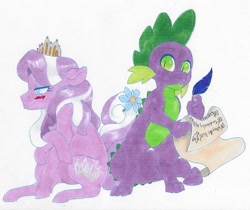 Size: 673x566 | Tagged: safe, artist:frozensoulpony, diamond tiara, spike, dragon, earth pony, pony, blushing, checklist, crack shipping, female, flower, male, mare, older, quill, shipping, spiketiara, straight, traditional art