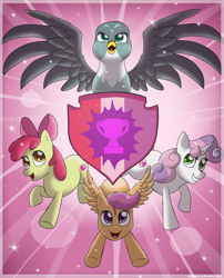 Size: 4783x5906 | Tagged: safe, artist:skybluearts, derpibooru import, apple bloom, gabby, scootaloo, sweetie belle, griffon, the fault in our cutie marks, absurd resolution, cutie mark, cutie mark crusaders, the cmc's cutie marks