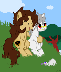 Size: 2000x2355 | Tagged: safe, artist:suzano, derpibooru import, oc, oc only, oc:heartbreak, oc:suzano, earth pony, pony, unicorn, bottle, branding, cloud, cute, duo, embarrassed, eyes closed, female, glasses, grass, heart, hill, hole, hug, human in equestria, human to pony, male to female, mare, messy mane, my little heartbreak, potion, red eyes, rock, rule 63, sitting, sky, smiling, tree