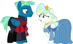 Size: 1661x1001 | Tagged: safe, artist:cloudyglow, sky stinger, vapor trail, top bolt, clothes, clothes swap, cosplay, costume, crossover, crown, disney, dress, jewelry, looking at each other, male, open mouth, princess aurora, raised hoof, regalia, shipping, simple background, sleeping beauty, smiling, straight, transparent background, vaporsky, vector