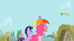 Size: 1365x768 | Tagged: safe, derpibooru import, screencap, fluttershy, pinkie pie, twilight sparkle, earth pony, frog, pegasus, pony, feeling pinkie keen, cart, flying, hat, umbrella hat