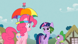 Size: 1365x768 | Tagged: safe, derpibooru import, screencap, pinkie pie, spike, twilight sparkle, dragon, earth pony, frog, pony, feeling pinkie keen, hat, lidded eyes, umbrella hat