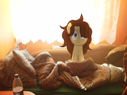 Size: 2592x1944 | Tagged: safe, artist:suzano, derpibooru import, oc, oc only, oc:heartbreak, earth pony, pony, bed, blanket, blue eyes, bottle, confused, curtains, cute, female, human to pony, irl, male to female, mare, messy mane, my little heartbreak, pepsi, photo, pillow, ponies in real life, rule 63, soda, solo, sunlight, window, wires