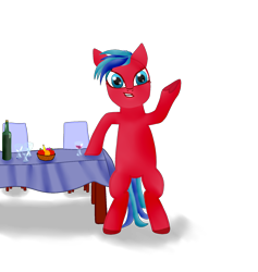 Size: 1676x1769 | Tagged: safe, artist:reaventale, oc, oc only, pony, alcohol, apple, basket, bipedal, bipedal leaning, blue eyes, chair, digital art, dinner, food, fruit, glass, hooves, hooves up, leaning, restaurant, short hair, simple background, solo, standing, table, tail, transparent background, tumblr, wine, wine glass