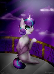 Size: 730x1000 | Tagged: safe, artist:starsymphonystela, derpibooru import, princess flurry heart, balcony, cloud, crepuscular rays, cute, looking up, moonlight, night, older, open mouth, sitting, smiling, solo