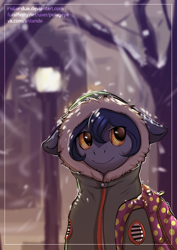 Size: 1200x1697 | Tagged: safe, artist:risterdus, derpibooru import, oc, oc only, oc:raven(lengthen), big ears, bust, clothes, floppy ears, golden eyes, portrait, snow