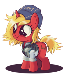 Size: 1366x1536 | Tagged: safe, artist:ruhisu, derpibooru import, oc, oc only, oc:invictus, big eyes, clothes, commission, cute, female, filly, foal, hat, mass effect, pilot, smiling, solo