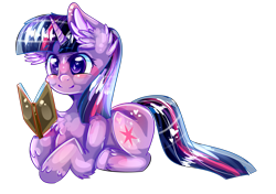 Size: 2275x1603 | Tagged: safe, artist:sunshinejoyyt, twilight sparkle, book, chest fluff, ear fluff, fluffy, prone, simple background, solo, transparent background