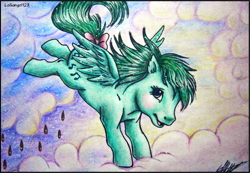 Size: 1081x746 | Tagged: safe, artist:lolliangel123, medley, pony, g1, cloud, rain, solo, traditional art