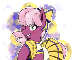 Size: 3000x2500 | Tagged: safe, artist:lrusu, derpibooru import, cheerilee, the cart before the ponies, cheerileeder, cheerleader, one eye closed, raised hoof, solo, wink