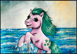 Size: 1050x739 | Tagged: safe, artist:lolliangel123, seashell (g1), earth pony, pony, g1, ocean, rearing, seashell, solo, star (coat marking), traditional art