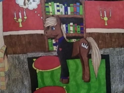 Size: 1280x960 | Tagged: safe, artist:depresyjnyolowek, oc, oc only, oc:kamix, pony, book, bookshelf, bow-tie, candlestick, clothes, cloud, fireplace, male, piano, pillow, planks, solo, stallion, standing, suit, traditional art