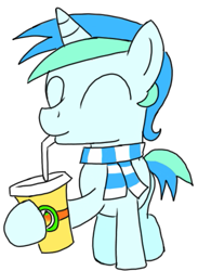 Size: 423x579 | Tagged: safe, artist:toyminator900, oc, oc only, oc:cyan lightning, pony, unicorn, clothes, drinking, food, mango, mango juice, scarf, smiling, solo, straw