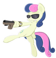 Size: 3929x4114 | Tagged: safe, artist:overlord-derpy, derpibooru import, bon bon, sweetie drops, earth pony, pony, colored, cutie mark, drawing, female, glock, gun, handgun, hooves, mare, pistol, revolver, secret agent sweetie drops, simple background, solo, sunglasses, teeth, transparent background, watch, weapon, who needs trigger fingers