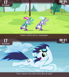 Size: 640x720 | Tagged: safe, edit, edited screencap, screencap, lilac sky, soarin', spring step, sunlight spring, pony, rainbow falls, caption, cinemare sins, sin, skirt