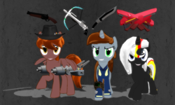 Size: 1280x768 | Tagged: safe, artist:zoroark67, derpibooru import, oc, oc only, oc:calamity, oc:littlepip, oc:velvet remedy, pegasus, pony, unicorn, fallout equestria, 3d, battle saddle, cannon, clothes, fake dlc, fanfic, fanfic art, female, gun, gunblade, hat, horn, knife, male, mare, mmd, pipbuck, pulse rifle, shotgun, stallion, vault suit, weapon, wings