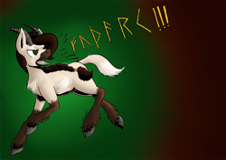 Size: 1024x724 | Tagged: safe, artist:darkhestur, oc, oc only, oc:thyra, hybrid, elder futhark, futhark, goat-pony, horns, one word, runes, simple background, solo, unshorn fetlocks, yelling