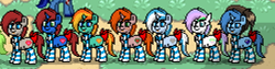 Size: 500x125 | Tagged: safe, firecracker burst, oc, oc:avi, oc:cyberpon3, oc:debra rose, oc:meno, oc:winter aurora, bow, clothes, hair bow, pony town, raccoon hat, scarf, socks, striped socks, tongue out