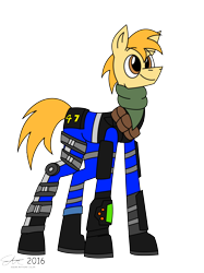 Size: 2000x2667 | Tagged: safe, artist:derpanater, oc, oc only, oc:"o" orange peel, earth pony, pony, fallout equestria, bandolier, clothes, leg brace, pipbuck, scarf, simple background, smiling, solo, transparent background, vault suit, vest