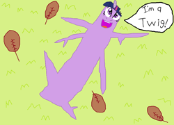 Size: 1100x790 | Tagged: safe, artist:rdibp, derpibooru exclusive, twilight sparkle, twilight sparkle (alicorn), alicorn, original species, pony, 1000 hours in ms paint, female, grass, leaves, looking at you, mare, ms paint, open mouth, smiling, solo, twig, twig pony, wat