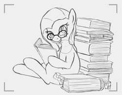 Size: 2614x2026 | Tagged: safe, artist:bustahoof, derpibooru exclusive, derpibooru import, oc, oc only, oc:phoebe, earth pony, pony, book, camera, glasses, monochrome, reading, smiling, solo